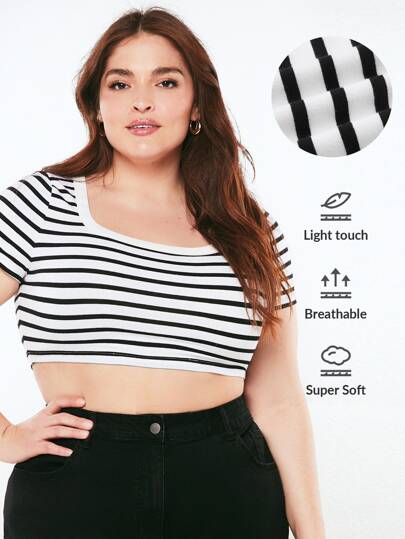 SHEIN BASICS Camiseta Corta Con Rayas Y Talla Grande