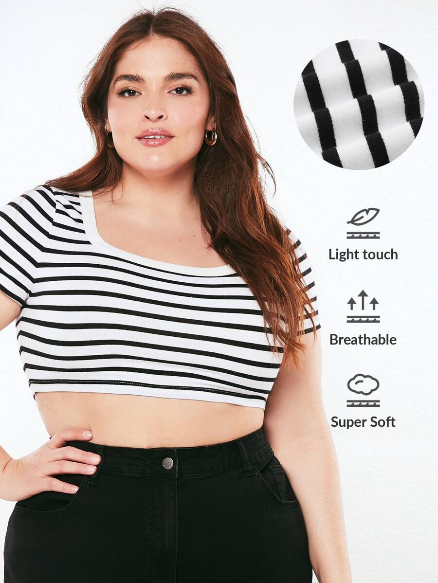 SHEIN BASICS Camiseta Corta Con Rayas Y Talla Grande - Blanco y Negro - Ver 1