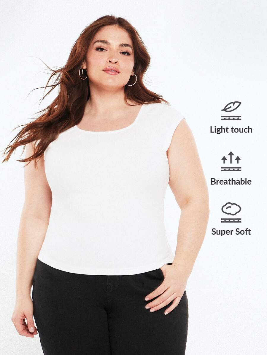 SHEIN BASICS Plus Solid Square Neck Raglan Sleeve Tee - White - View 1