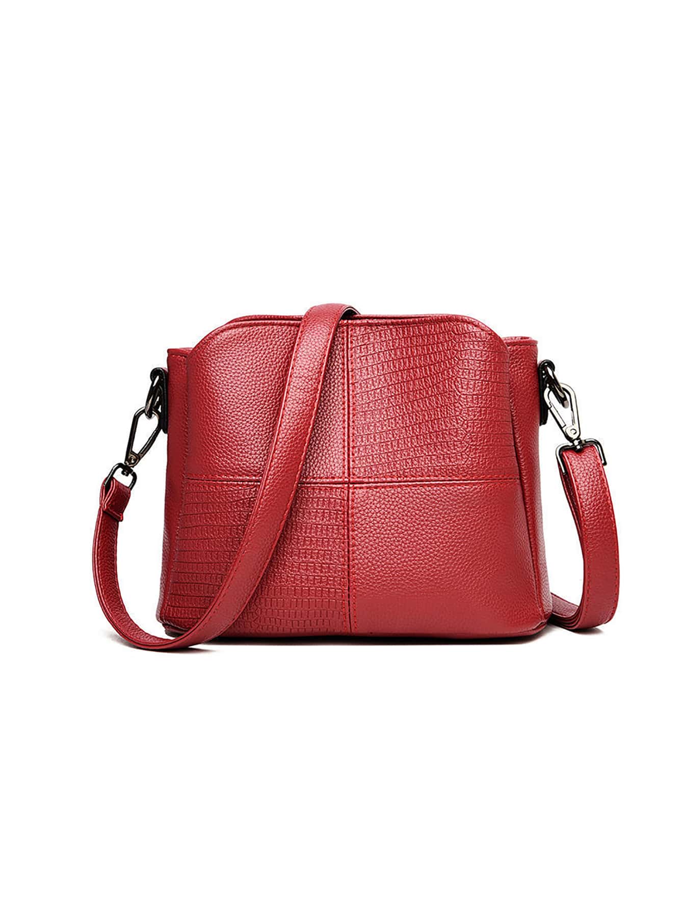 Litchi Embossed Square Bag Red Fashionable Adjustable Strap - Red - View 1