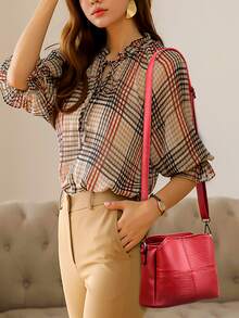 Litchi Embossed Square Bag Red Fashionable Adjustable Strap - Red - View 2