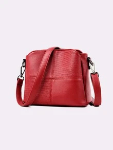 Litchi Embossed Square Bag Red Fashionable Adjustable Strap - Red - View 3