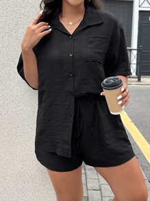 Calvaya Plus Drop Shoulder Pocket Patched Shirt & Tie Front Shorts - Black - View 1