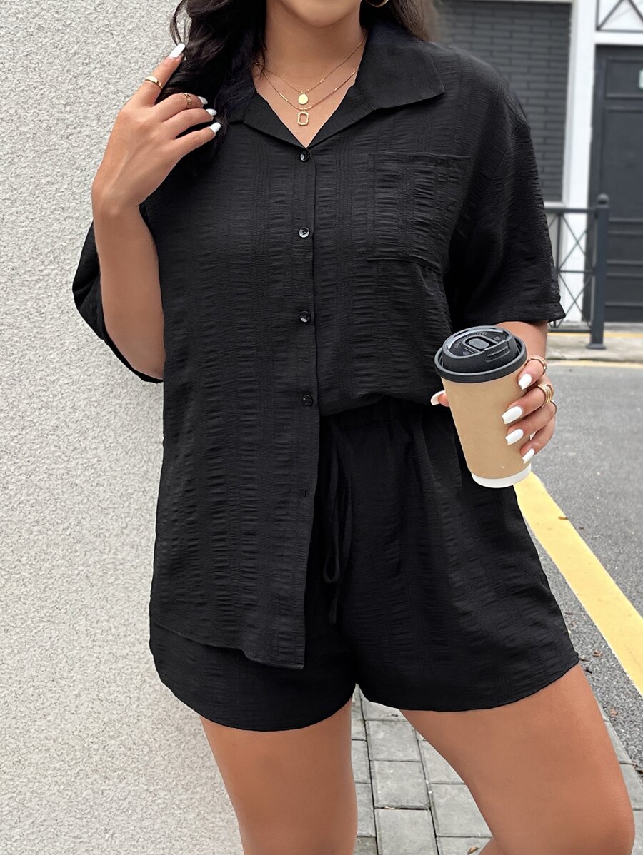 Calvaya Plus Drop Shoulder Pocket Patched Shirt & Tie Front Shorts - Black - View 1