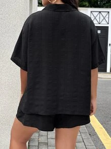 Calvaya Plus Drop Shoulder Pocket Patched Shirt & Tie Front Shorts - Black - View 2