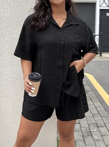 Calvaya Plus Drop Shoulder Pocket Patched Shirt & Tie Front Shorts - Black - View 3