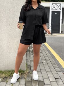 Calvaya Plus Drop Shoulder Pocket Patched Shirt & Tie Front Shorts - Black - View 4