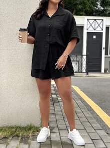 Calvaya Plus Drop Shoulder Pocket Patched Shirt & Tie Front Shorts - Black - View 5