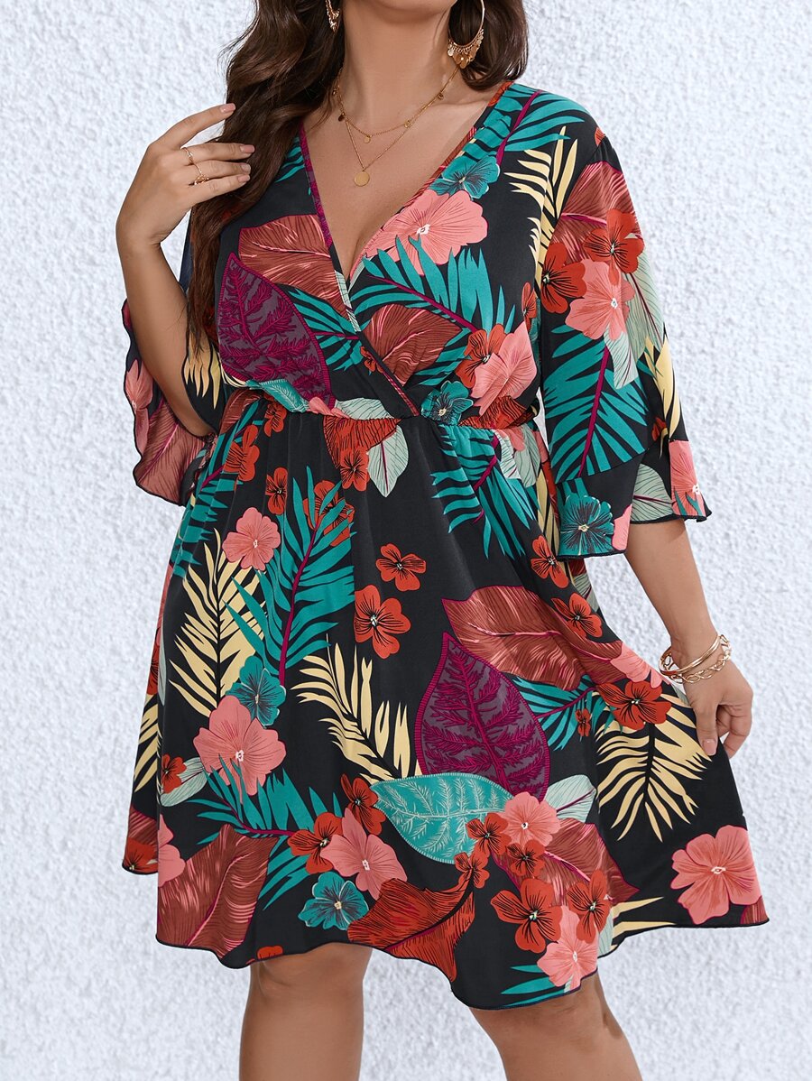 SHEIN LUNE Plus Tropical Print Flounce Sleeve Overlap Collar Dress - Multicolor - View 1