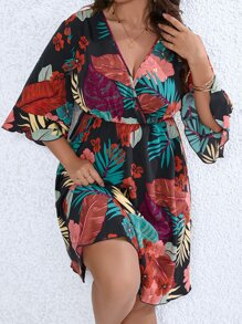SHEIN LUNE Plus Tropical Print Flounce Sleeve Overlap Collar Dress - Multicolor - View 3