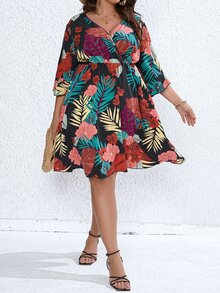 SHEIN LUNE Plus Tropical Print Flounce Sleeve Overlap Collar Dress - Multicolor - View 5