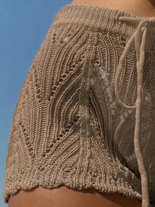 LanaWest 夏季海滩镂空抽绳腰部遮盖短裤 - 卡其色 - 查看 5