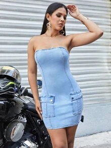 Flap Pocket Bodycon Tube Denim Dress - Light Wash - View 6
