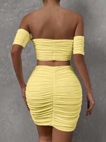 SHEIN Allurite 一字肩褶邊短款上衣和包臀半身裙 - 黃色 - 查看 2