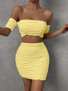 SHEIN Allurite 一字肩褶邊短款上衣和包臀半身裙 - 黃色 - 查看 3