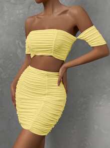 SHEIN Allurite 一字肩褶邊短款上衣和包臀半身裙 - 黃色 - 查看 4