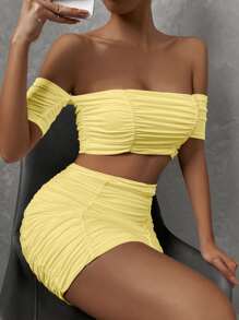 SHEIN Allurite 一字肩褶邊短款上衣和包臀半身裙 - 黃色 - 查看 5