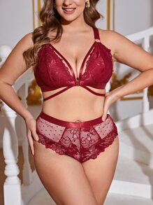 Plus Floral Lace Harness Lingerie Set - Burgundy - View 1