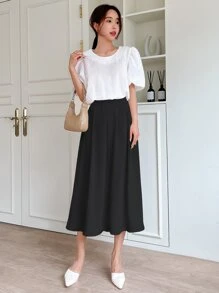 DAZY 高腰纯色秋季半身裙 - 黑色 - 查看 3