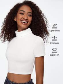 SHEIN BASICS High Neck Short Sleeve Crop Tee - White - View 1