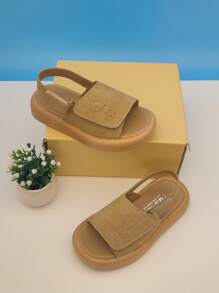 露跟涼鞋適用於女孩字母圖案單帶平底涼鞋 - 卡其色 - 查看 1