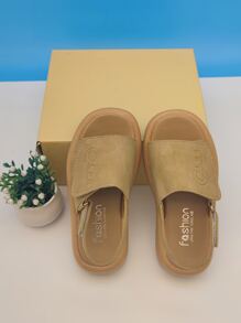 露跟涼鞋適用於女孩字母圖案單帶平底涼鞋 - 卡其色 - 查看 4