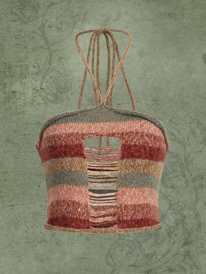 Top in maglia color block scavato halter