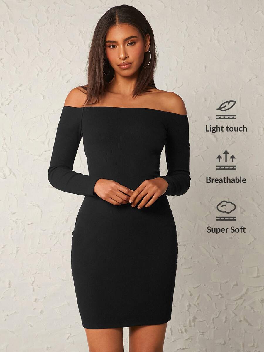 SHEIN BASICS Vestido De Cuello Descubierto Estilo Bodycon - Negro - Ver 1