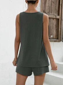 SHEIN Maternity Solid Tank Top & Shorts - Army Green - View 2