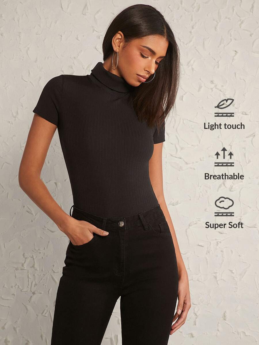 SHEIN BASICS Turtle Neck Rib-Knit Tee - Black - View 1