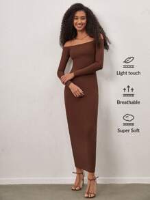 SHEIN BASICS Vestido De Punto De Canalé Ajustado Con Descubierto En Los Hombros - Café integral - Ver 1