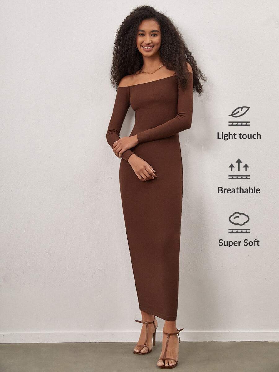 SHEIN BASICS Vestido De Punto De Canalé Ajustado Con Descubierto En Los Hombros - Café integral - Ver 1