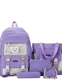 5入組背包套裝撞色經典背包單肩手提包方形包筆袋帶書包吊飾適合學生書包套裝適合畢業生、青少年女孩、新生、大二、初中和高中學生、大學和高中，非常適合戶外、旅行和返回學校 - 紫色 - 查看 1