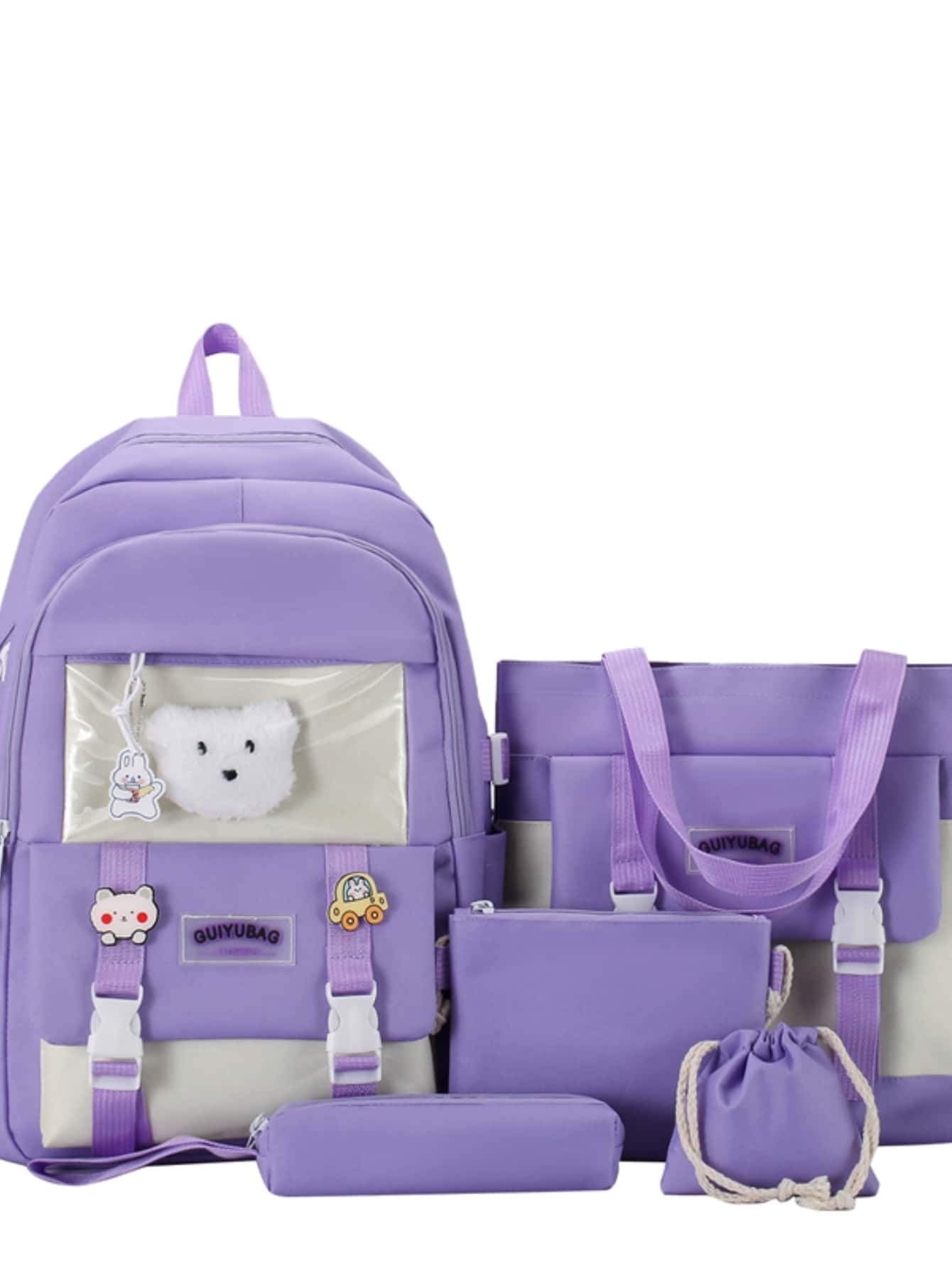 5入組背包套裝撞色經典背包單肩手提包方形包筆袋帶書包吊飾適合學生書包套裝適合畢業生、青少年女孩、新生、大二、初中和高中學生、大學和高中，非常適合戶外、旅行和返回學校 - 紫色 - 查看 1