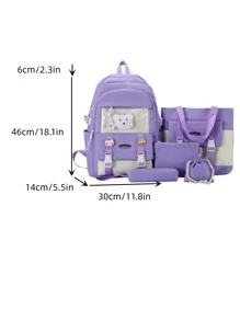 5入組背包套裝撞色經典背包單肩手提包方形包筆袋帶書包吊飾適合學生書包套裝適合畢業生、青少年女孩、新生、大二、初中和高中學生、大學和高中，非常適合戶外、旅行和返回學校 - 紫色 - 查看 3