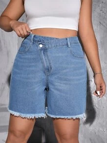 Plus Stepped Waist Raw Hem Denim Shorts - Blue - View 1