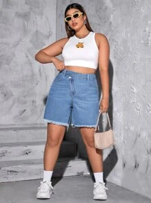 Plus Stepped Waist Raw Hem Denim Shorts - Blue - View 3