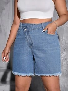 Plus Stepped Waist Raw Hem Denim Shorts - Blue - View 4