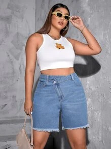 Plus Stepped Waist Raw Hem Denim Shorts - Blue - View 6