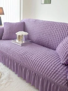 1入組純色泡泡紗簡約風格彈性全包蕾絲沙發套，防塵和防貓抓 - 紫色 - 查看 3