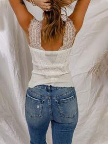 Acelitt Áo khoác và áo lót dành cho xe tăng nữ Tương phản ren Nút phía trước màu trơn Boho - trắng - Xem 2