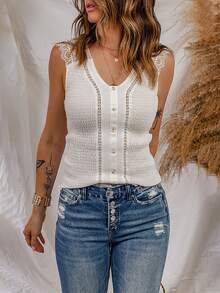 Acelitt Áo khoác và áo lót dành cho xe tăng nữ Tương phản ren Nút phía trước màu trơn Boho - trắng - Xem 4