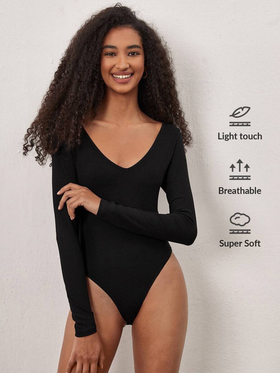 SHEIN BASICS Solid V Neck Tee Bodysuit - Black - View 1