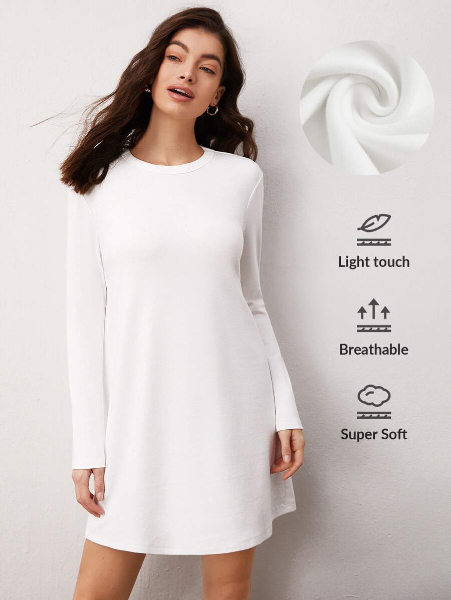SHEIN BASICS Solid Round Neck Tee Dress - White - View 1