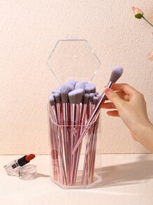 1pc Clear Makeup Brush Storage Bucket, Simple Clear Geometric Shaped Plastic Makeup Brush Storage Box For Home,Room,Home,Bedroom,Bathroom,House,Pink Room,Living Room Decor,Travel Stuff,Gift Bag,Gifts For Mom,Dad,Men,Friends,Teacher,Birthday,Wedding,Desk,Shelves,Accessories,Gift Boxes,Funny Gift,Storage,Makeup Brush Holder - Clear - View 1