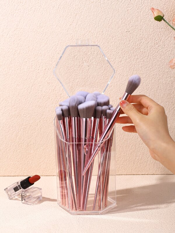 1pc Clear Makeup Brush Storage Bucket, Simple Clear Geometric Shaped