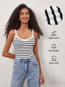 SHEIN BASICS Top Tipo Cami Con Estampado De Rayas - Blanco y Negro - Ver 1