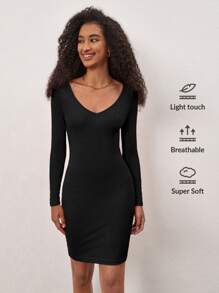 SHEIN BASICS Vestido De Punto Acanalado Ajustado Al Cuerpo Con Cuello En V - Negro - Ver 1