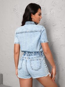 SHEIN Essnce 前紐扣毛邊牛仔連體短褲 - 淺色水洗藍 - 查看 2