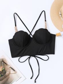 Chain Linked Scallop Trim Lace Up Back Bikini Top - Black - View 1